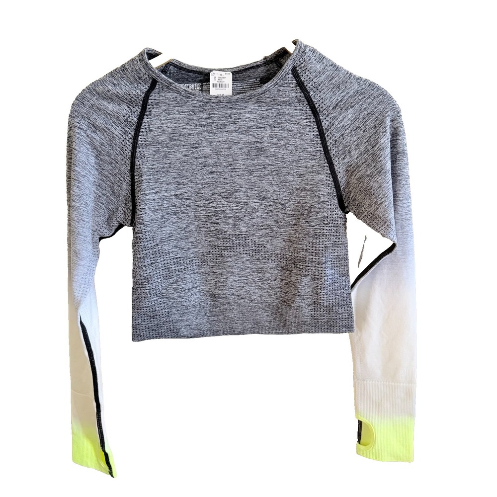Victoria's Secret PINK Seamless Gray White Green Workout Top Thumbholes New M